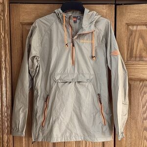 Merrell khaki with orange accents quarter zip pullover windbreaker, rain jacket